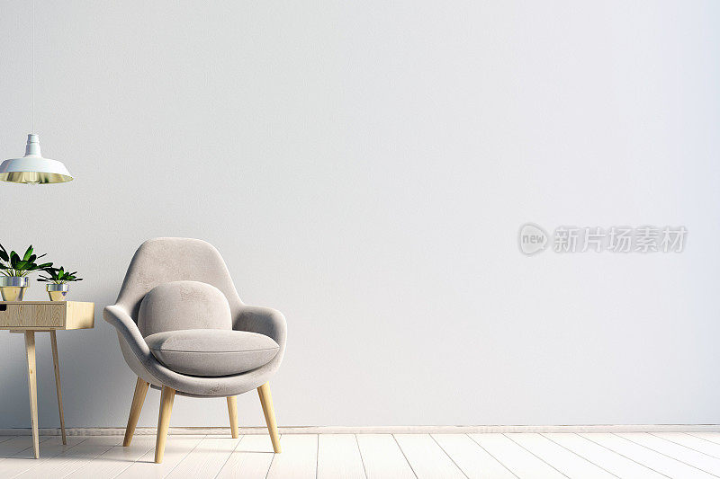 现代室内装饰，配有咖啡桌和椅子。墙模型。3 d演示。